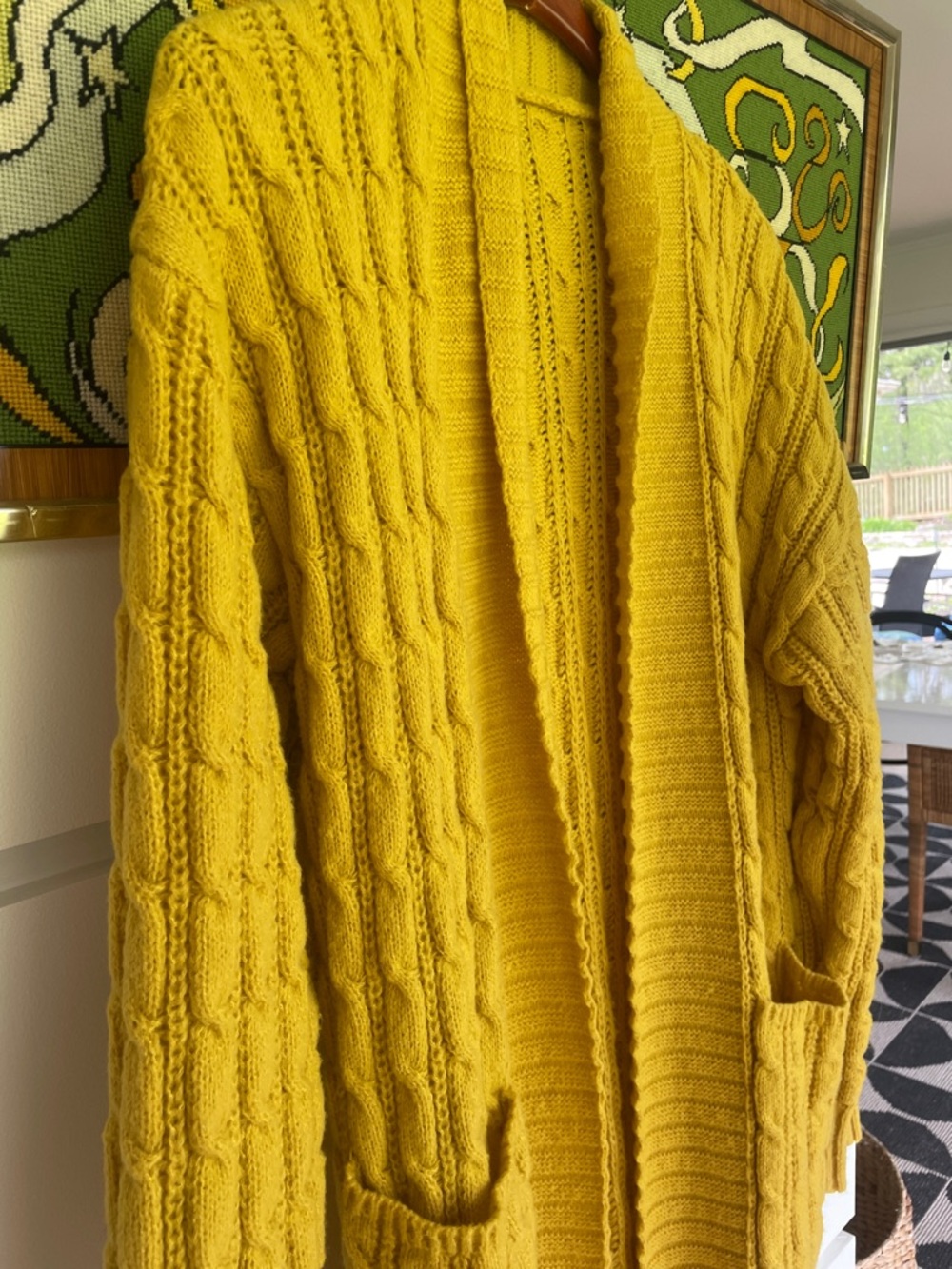 VINTAGE Long Mustard Cable-Knit Open Cardigan Sweater WITH POCKETS. - Picture 3 of 3